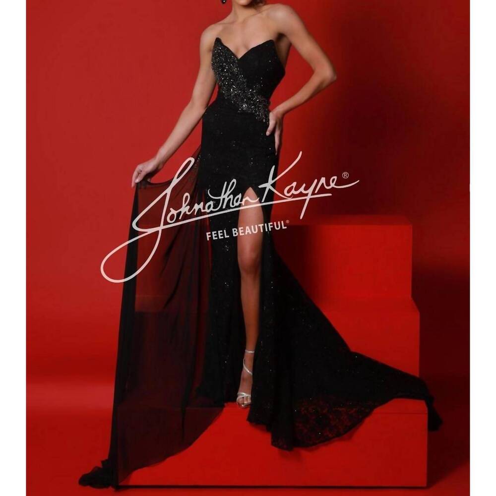 NEW JOHNATHAN KAYNE elegant strapless v-neck gown in black